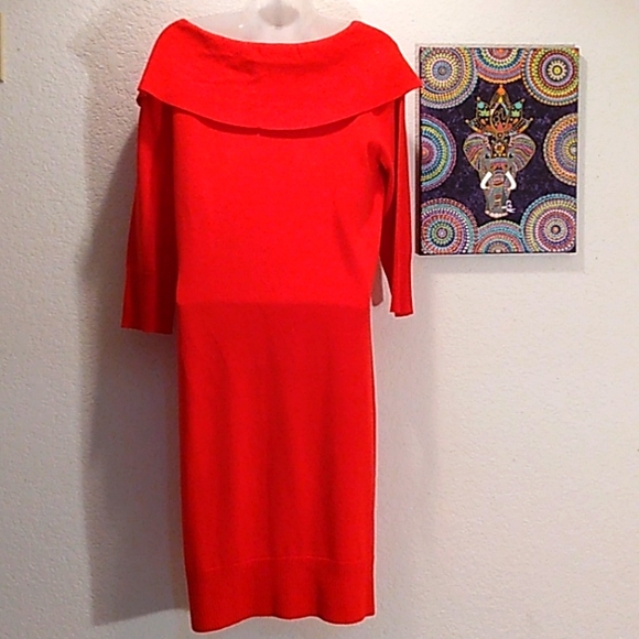 LEMMIE FOR NINA LEONARD CHERRY RED OFF SHOULDER SWEATER DRESS - Picture 5 of 6